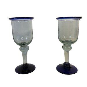 Set-2 Hand Blown Mexican Wine/Water Glass Goblets Cobalt Blue Rims & Base 8"